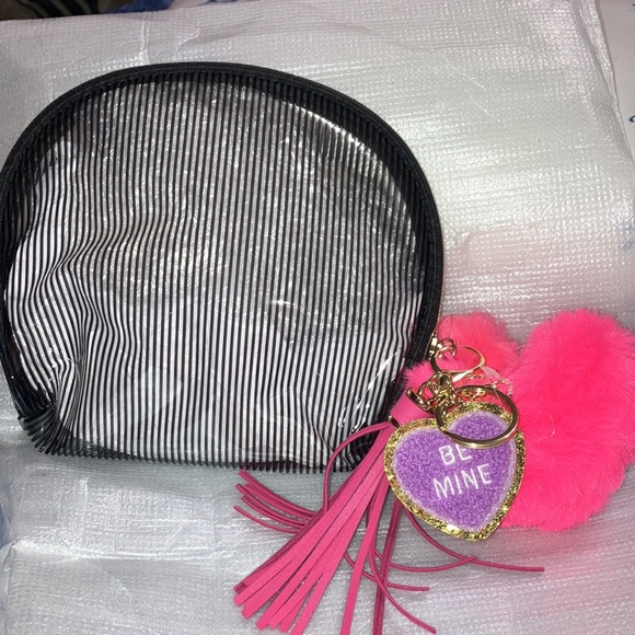 Other - 2 piece Makeup bag with pink furry heart  keychain/bag charm